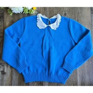 Vintage J. J. Poole Blue Acrylic Sweater Lace Collar Made USA Girls 4‎ XS